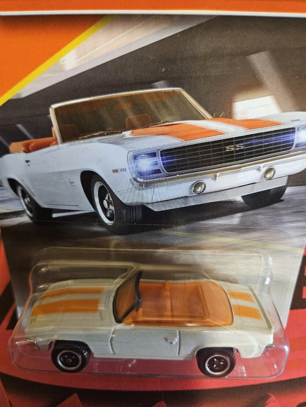 Matchbox White 1969 SS Camaro Convertible with Orange Stripes
